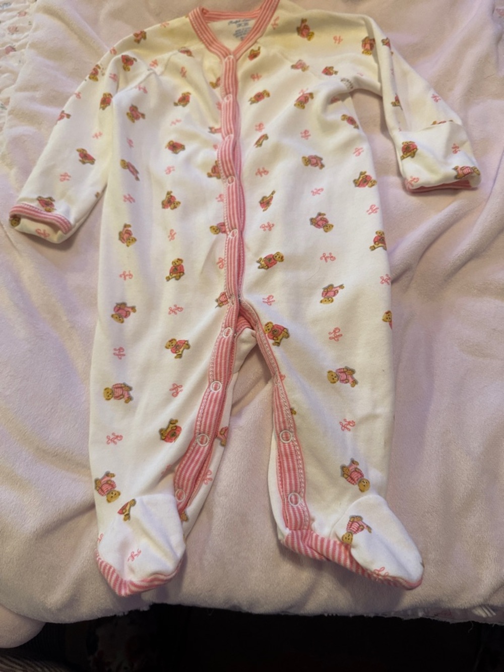 Ralph Lauren White Footed One-Piece with Pink Trim and Teddy Print